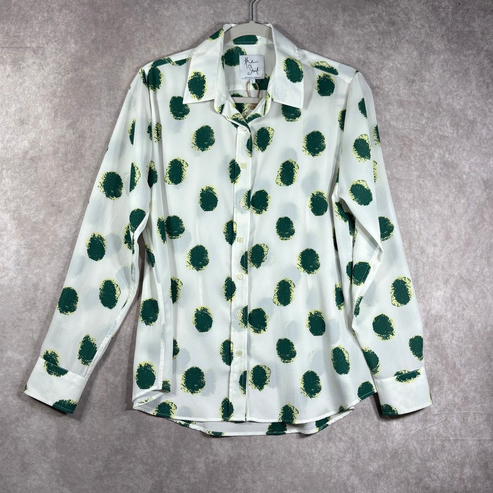 Rochelle Behrens The Shirt Blouse Womens L White Green Button Up Long Sleeves